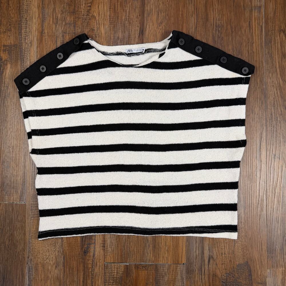 Zara SMALL black white striped rustic T-shirt sleeveless cropped boxy sweater